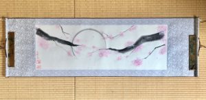 Japanese painting calligraphy art hanging scroll Kakejiku wall decor landscape Sakura cherry blossom in full moon night