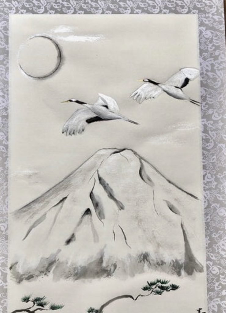 Japanese painting calligraphy art hanging scroll Kakejiku wall decor crane birds, Mt.Fuji, Japanese pine tree