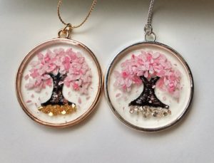3D painting Sakura cherry blossom necklace