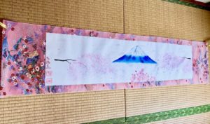 Kimono silk Mt. Fuji with Sakura cherry blossom large Kakejiku wall decoration