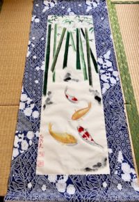 Japanese Kimono fabric Koi fish with Bamboo painting large wall decor