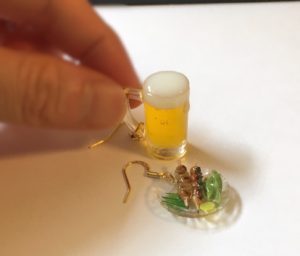 Miniature 3D Japanese food Yakitori and beer earrings