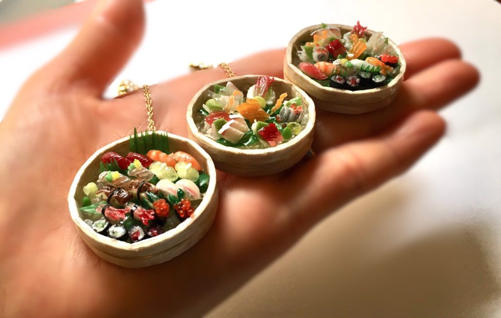 Miniature 3D Japanese food wooden bowl Sushi and Sashimi necklace