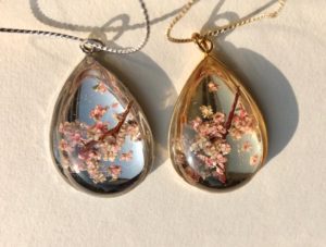 Japanese style crystal glass teardrop 3D cherry blossoms necklace