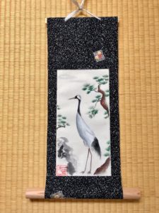 Japanese Kimono silk hanging scroll Kakejiku crane bird painting art