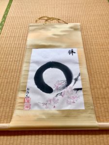 Japanese painting ZEN circle and Sakura hanging scroll Kakejiku wall decoration