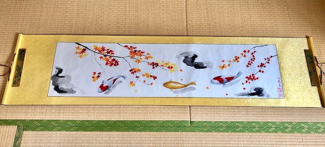 Japanese painting calligraphy art hanging scroll Kakejiku wall decor Koi fish and Autumn color