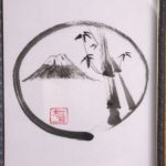 Japanese painting calligraphy Ink art Kakejiku wall decor ZEN circle with Mt Fuji and bamboo