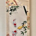 Gorgeous Kimono Obi belt Japanese painting Kakejiku hanging scroll Koi fish and Bamboo