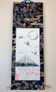 Precious Kimono silk obi belt Japanese painting Mt.Fuji & crane birds in full moon Sakura night hanging scroll