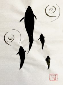 Koi fish swimming calligraphy ZEN art 