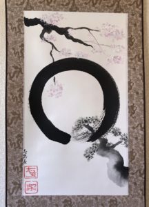 Zen circle Enso with Japanese Sakura and Pine tree hanging scroll 