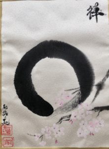 Kimono silk Zen circle Enso and Sakura Kakejiku 