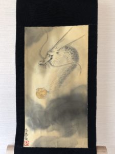 Kimono silk Kakejiku of RYUJIN Dragon Suibokuga art