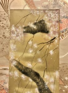 Silk kimono obi Kakejiku hanging scroll Japanese painting art