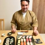 the guest with beautiful sushi he made