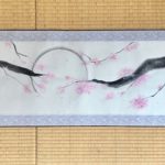 Japanese painting calligraphy art hanging scroll Kakejiku wall decor landscape Sakura cherry blossom in full moon night
