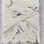 Japanese painting calligraphy art hanging scroll Kakejiku wall decor crane birds, Mt.Fuji, Japanese pine tree