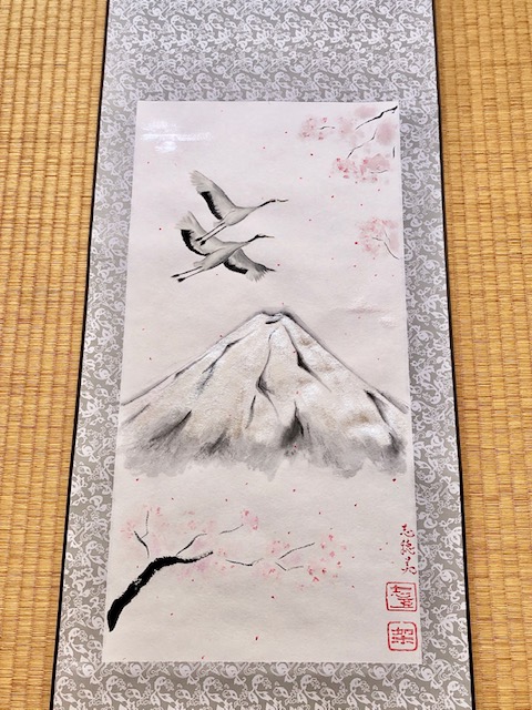 Japanese painting calligraphy art hanging scroll Kakejiku wall decor crane bird, Mt. Fuji, Sakura