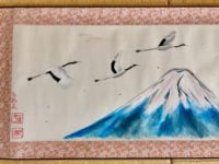 Japanese painting calligraphy art hanging scroll Kakejiku wall decor -landscape Mt. Fuji, crane birds, Sakura