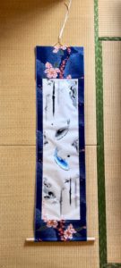 Japanese Kimono fabric ZEN style Koi fish and Bamboo painting hanging scroll