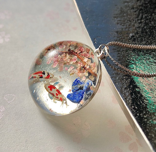 Japanese stye crystal glass dome Koi fish and Sakura necklace