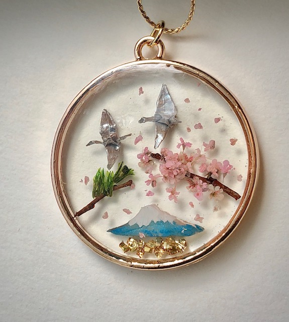 Japanese style good luck necklace - crane birds ORIZURU, Mt.Fuji, Sakura cherry blossom, pine tree
