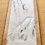 Japanese painting ZEN Mt. Fuji in full moon and Sakura hanging scroll Kakejiku wall decoration