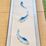 Japanese painting calligraphy art hanging scroll Kakejiku wall decor mysterious Blue koi fish 3D painting