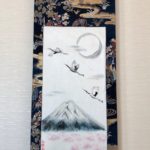 Precious Kimono silk obi belt Japanese painting Mt.Fuji & crane birds in full moon Sakura night hanging scroll