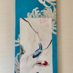 Gorgeous Kimono silk obi Japanese painting blue Koi and sakura hanging scroll