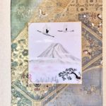Gorgeous Kimono silk obi Japanese painting Mt. Fuji, crane birds, pine tree wall decor