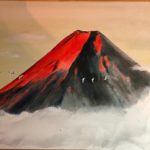 Red Mt. Fuji with crane birds calligraphy art