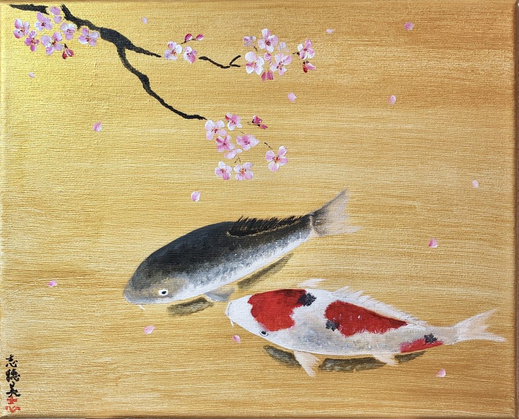 Japanese painting Koi fish with Sakura